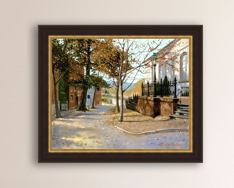 A canvas print featuring a vibrant street scene with trees and a building, titled 'Autumn Leaves on Church Street', Bethlehem 
