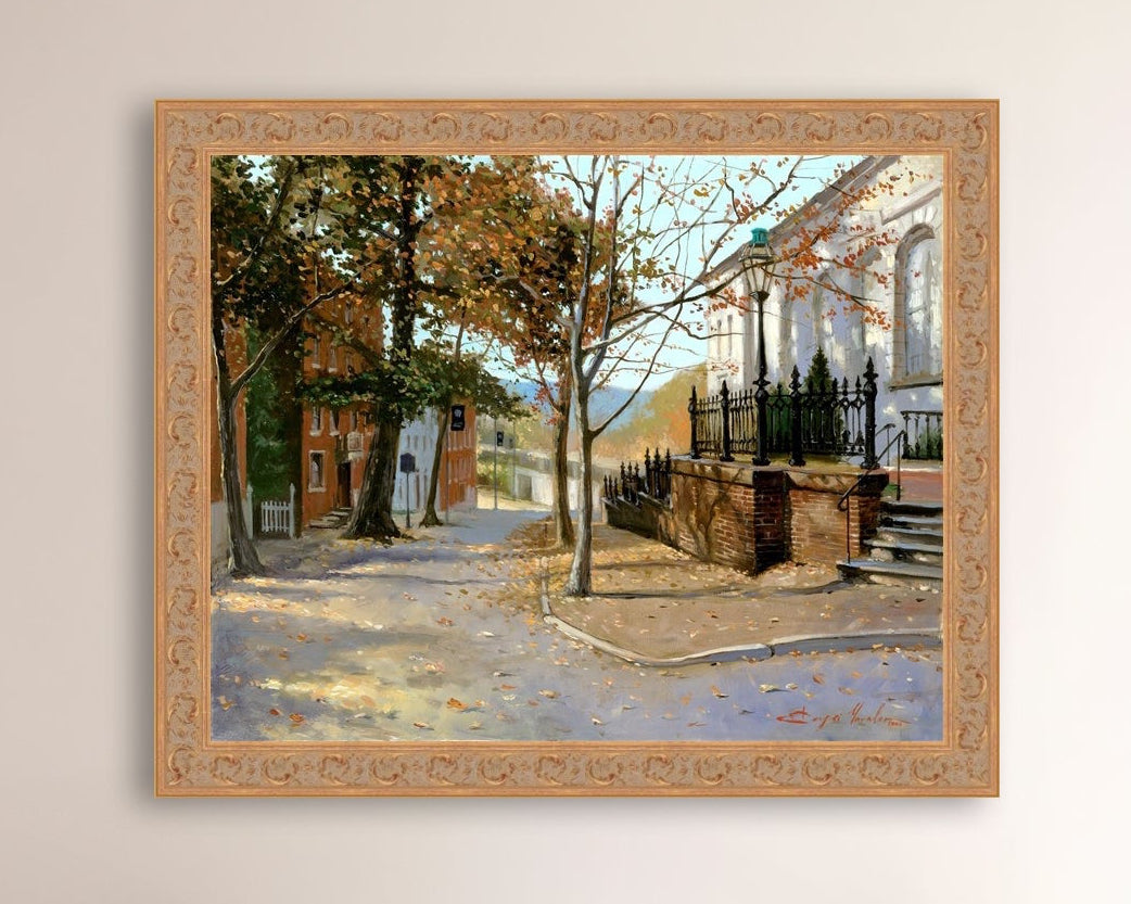 A canvas print featuring a vibrant street scene with trees and a building, titled 'Autumn Leaves on Church Street', Bethlehem 