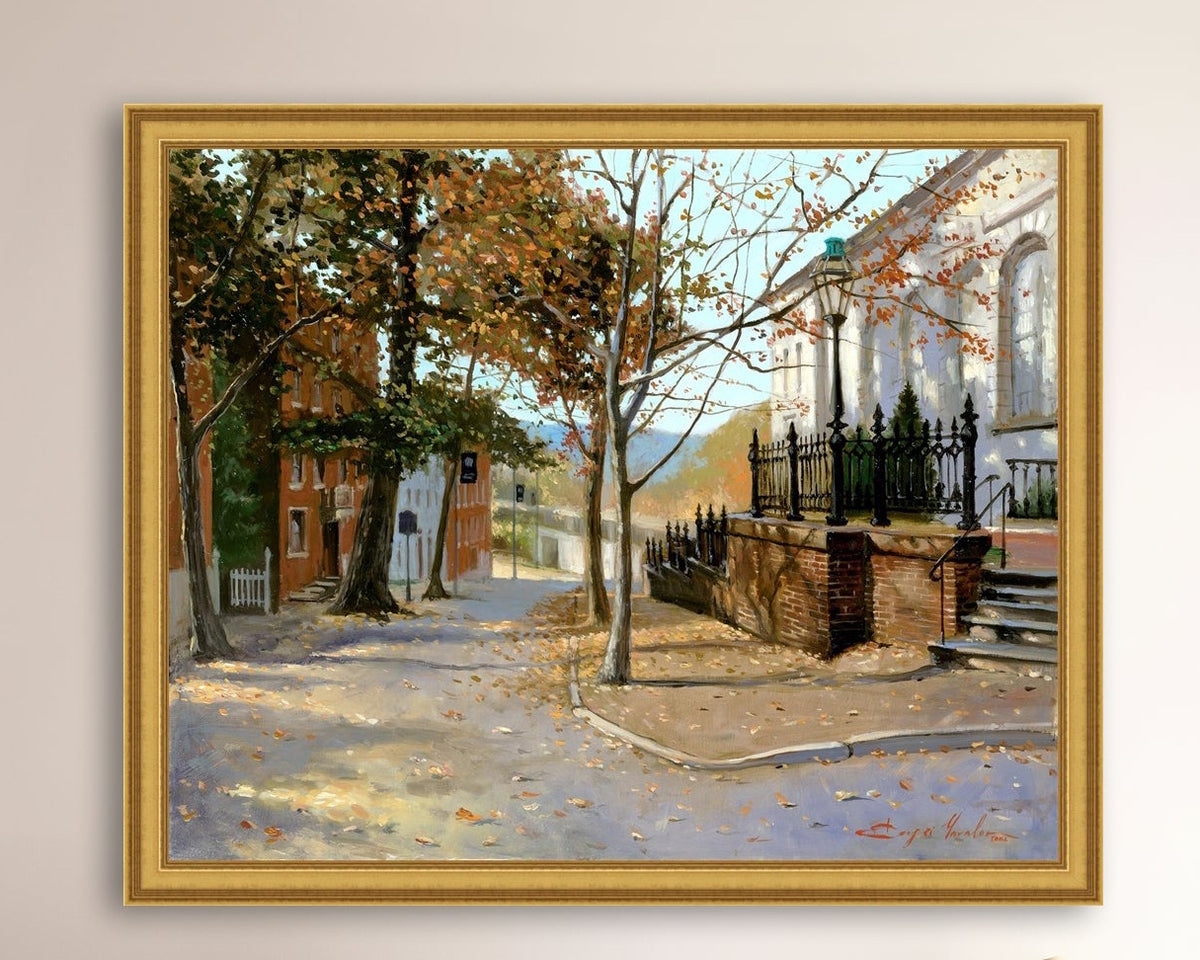 A canvas print featuring a vibrant street scene with trees and a building, titled 'Autumn Leaves on Church Street', Bethlehem 