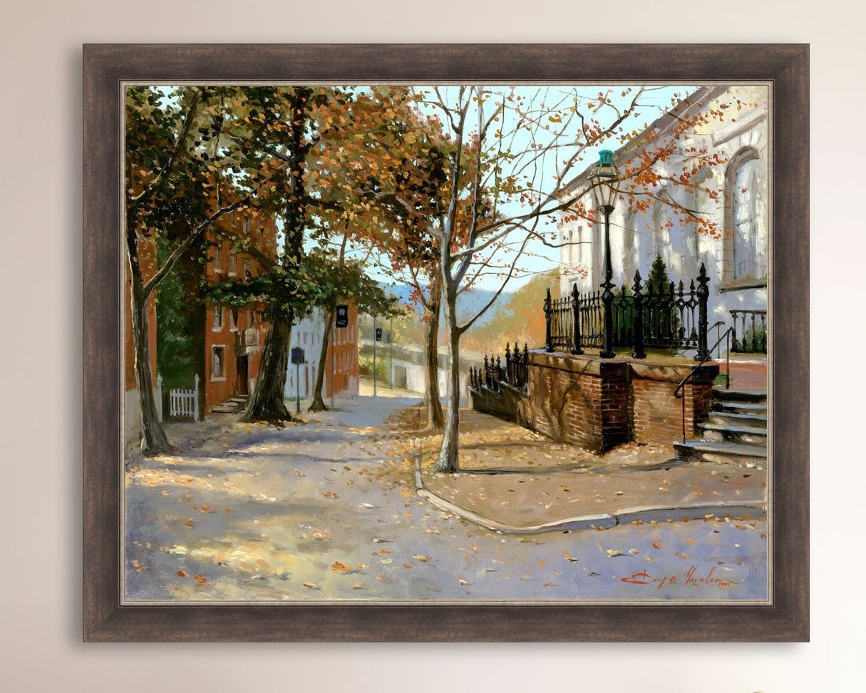 A canvas print featuring a vibrant street scene with trees and a building, titled 'Autumn Leaves on Church Street', Bethlehem 