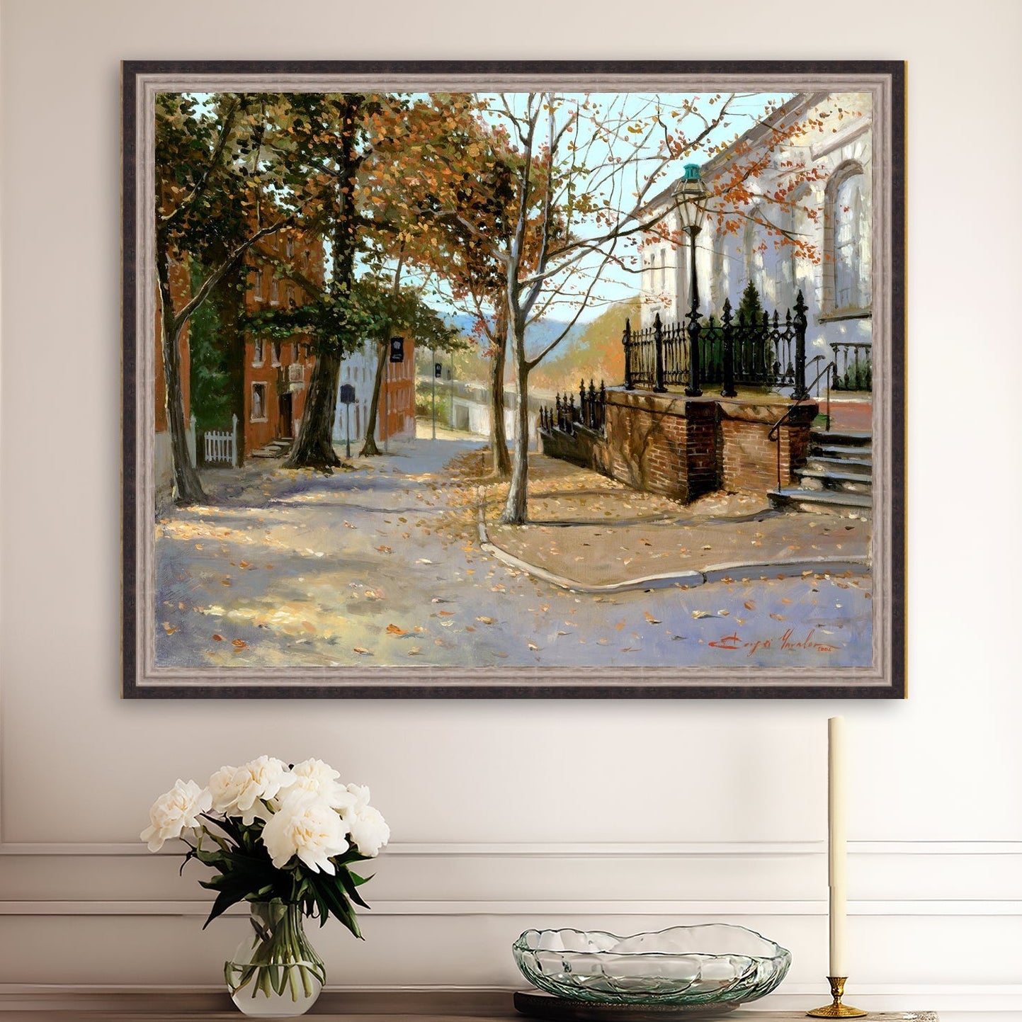 A canvas print featuring a vibrant street scene with trees and a building, titled 'Autumn Leaves on Church Street', Bethlehem 