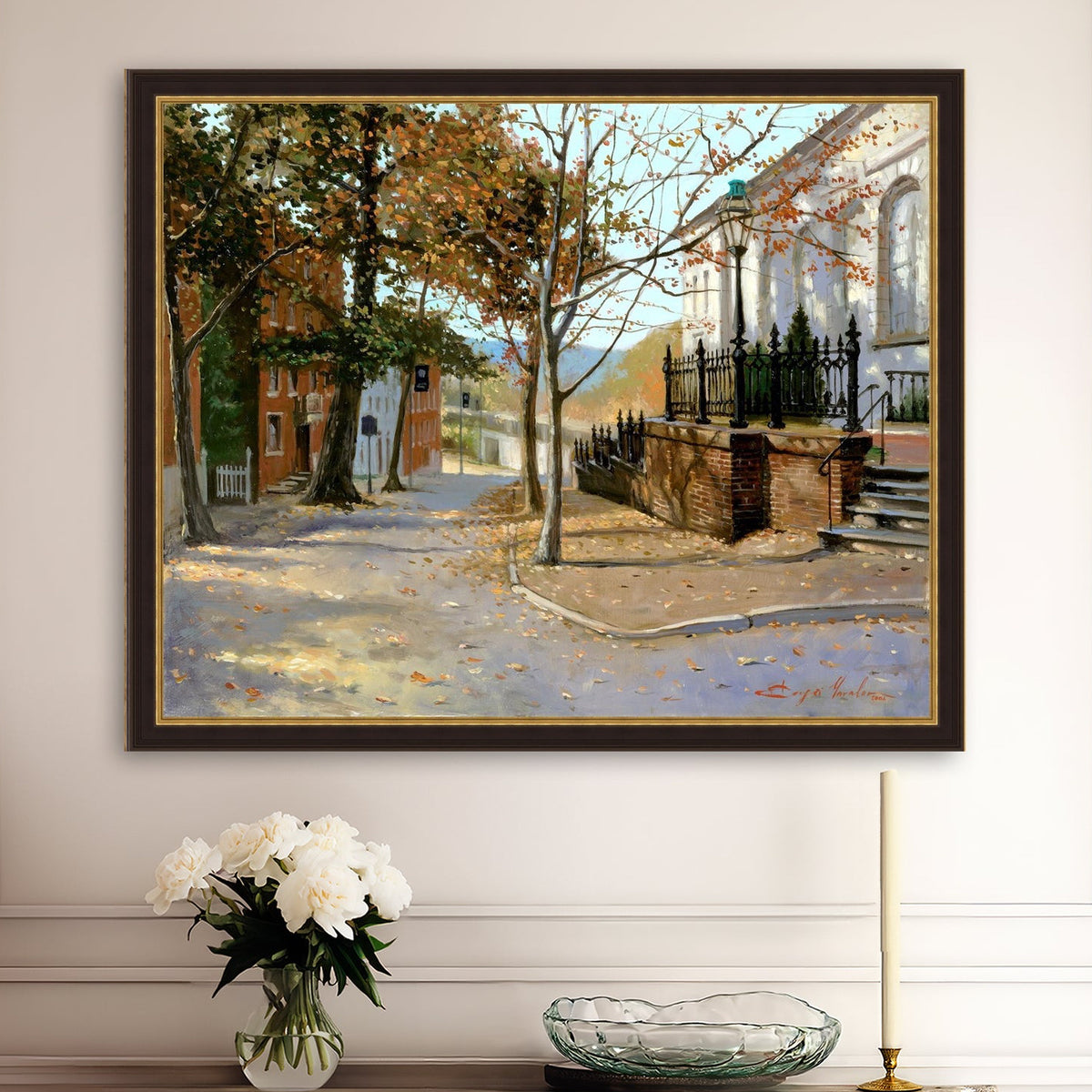 A canvas print featuring a vibrant street scene with trees and a building, titled 'Autumn Leaves on Church Street', Bethlehem 