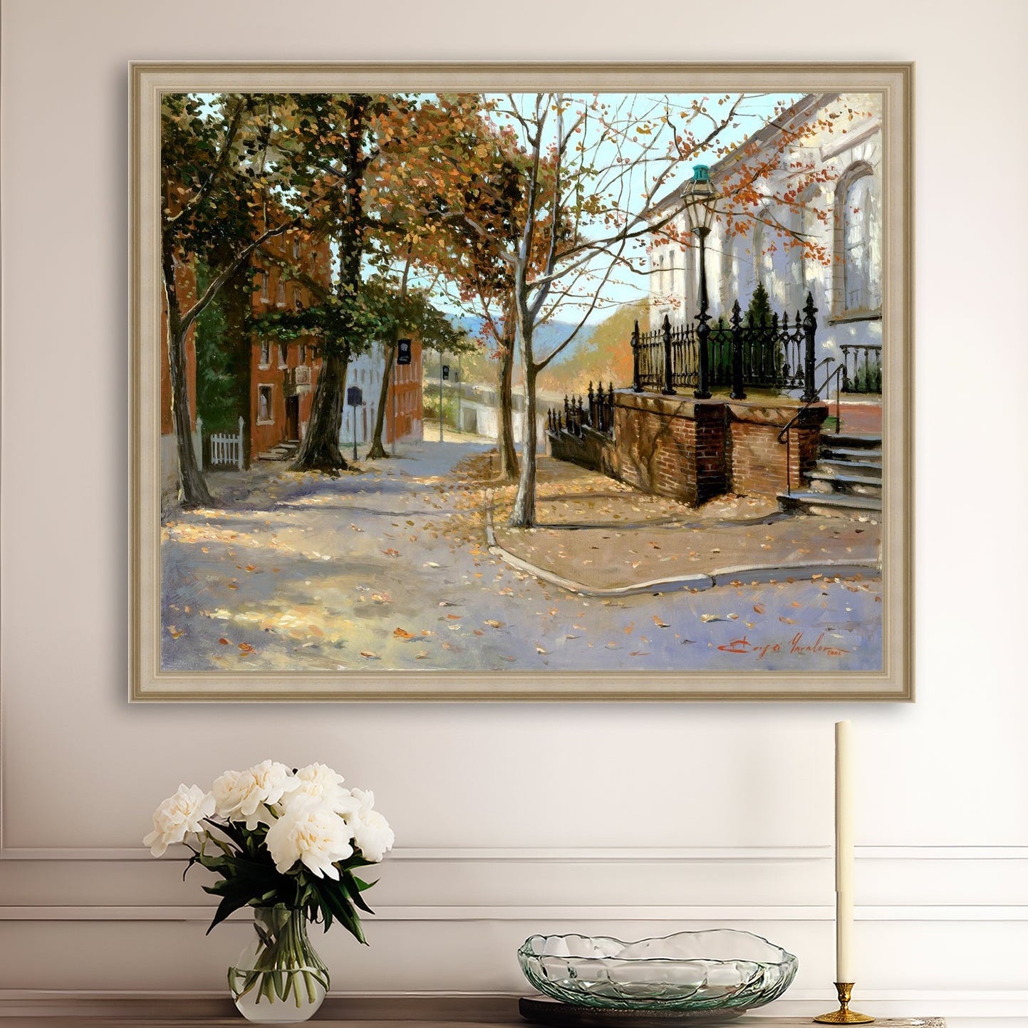 A canvas print featuring a vibrant street scene with trees and a building, titled 'Autumn Leaves on Church Street', Bethlehem 
