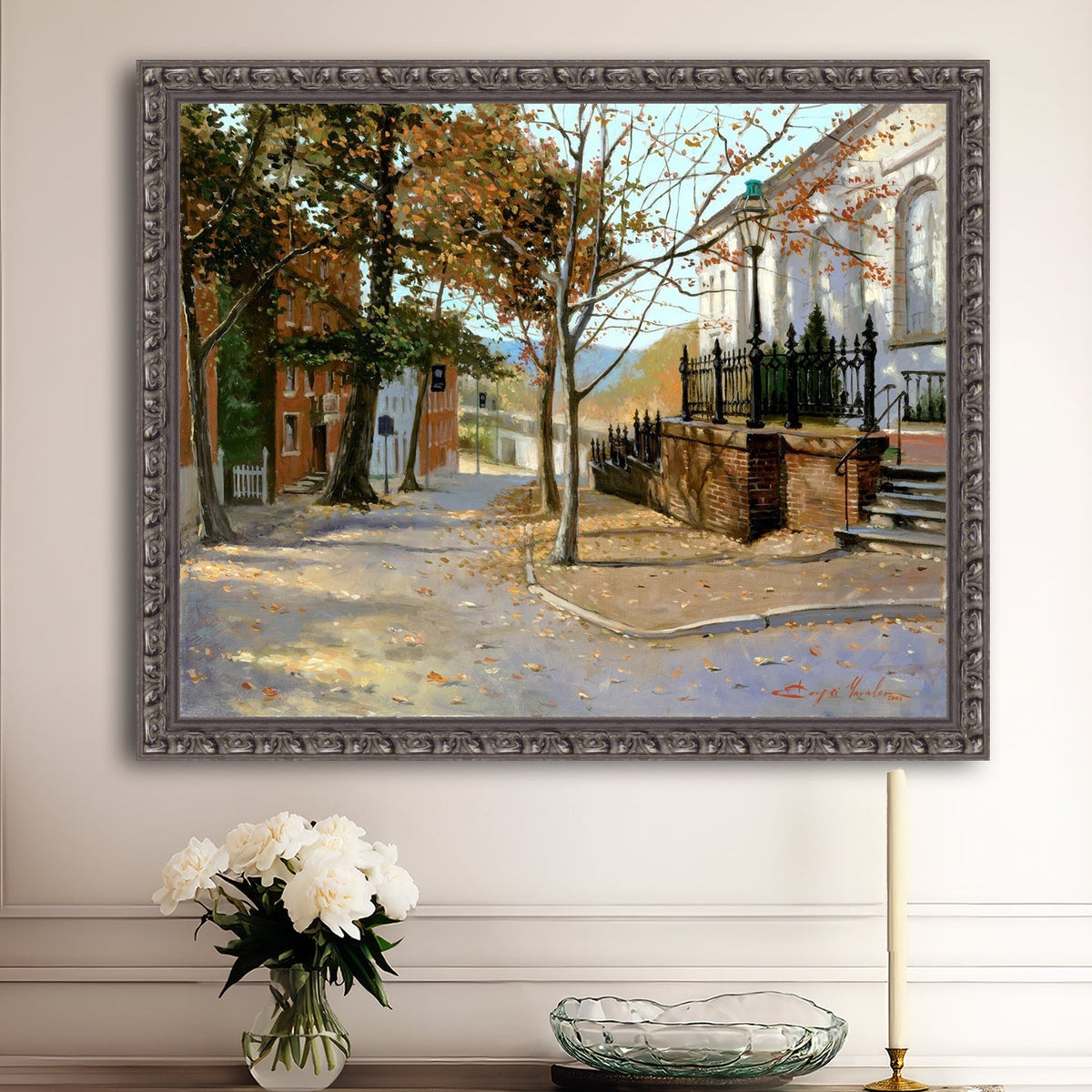 A canvas print featuring a vibrant street scene with trees and a building, titled 'Autumn Leaves on Church Street', Bethlehem 