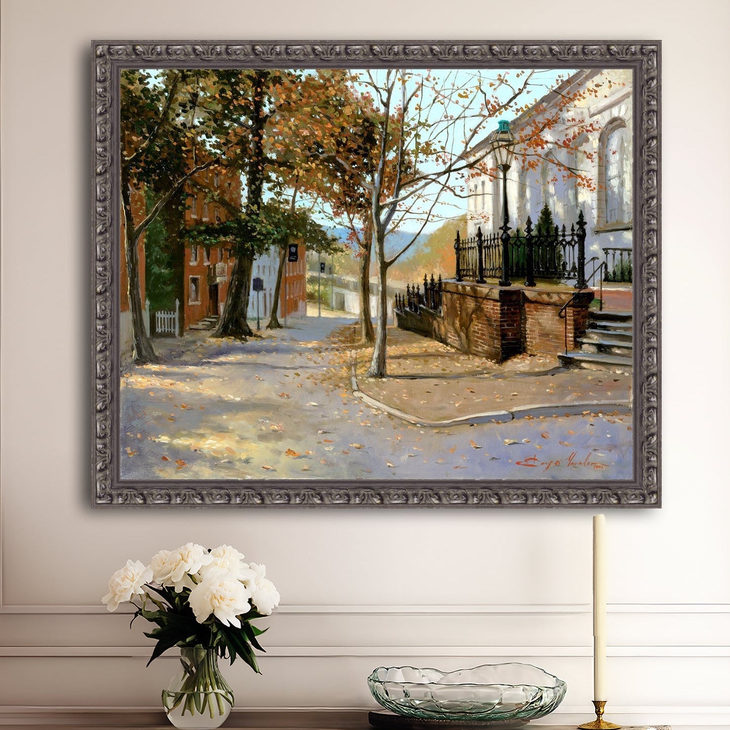 A canvas print featuring a vibrant street scene with trees and a building, titled 'Autumn Leaves on Church Street', Bethlehem 