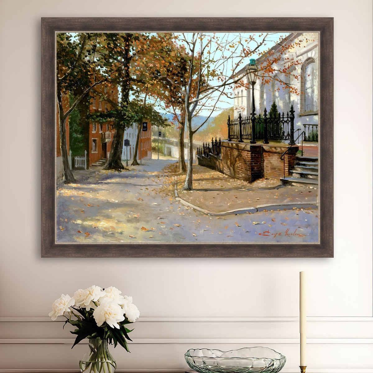 A canvas print featuring a vibrant street scene with trees and a building, titled 'Autumn Leaves on Church Street', Bethlehem 