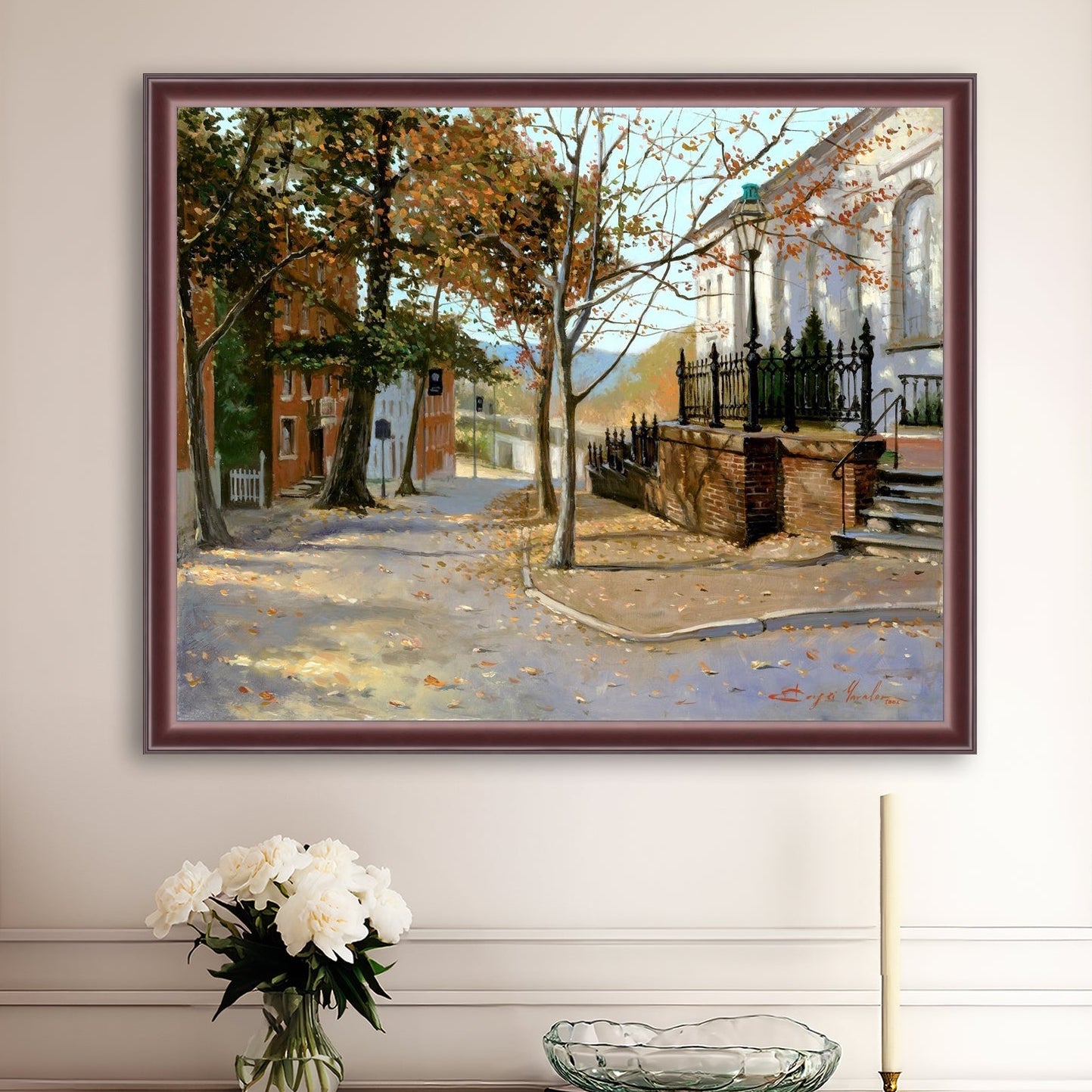 A canvas print featuring a vibrant street scene with trees and a building, titled 'Autumn Leaves on Church Street', Bethlehem 