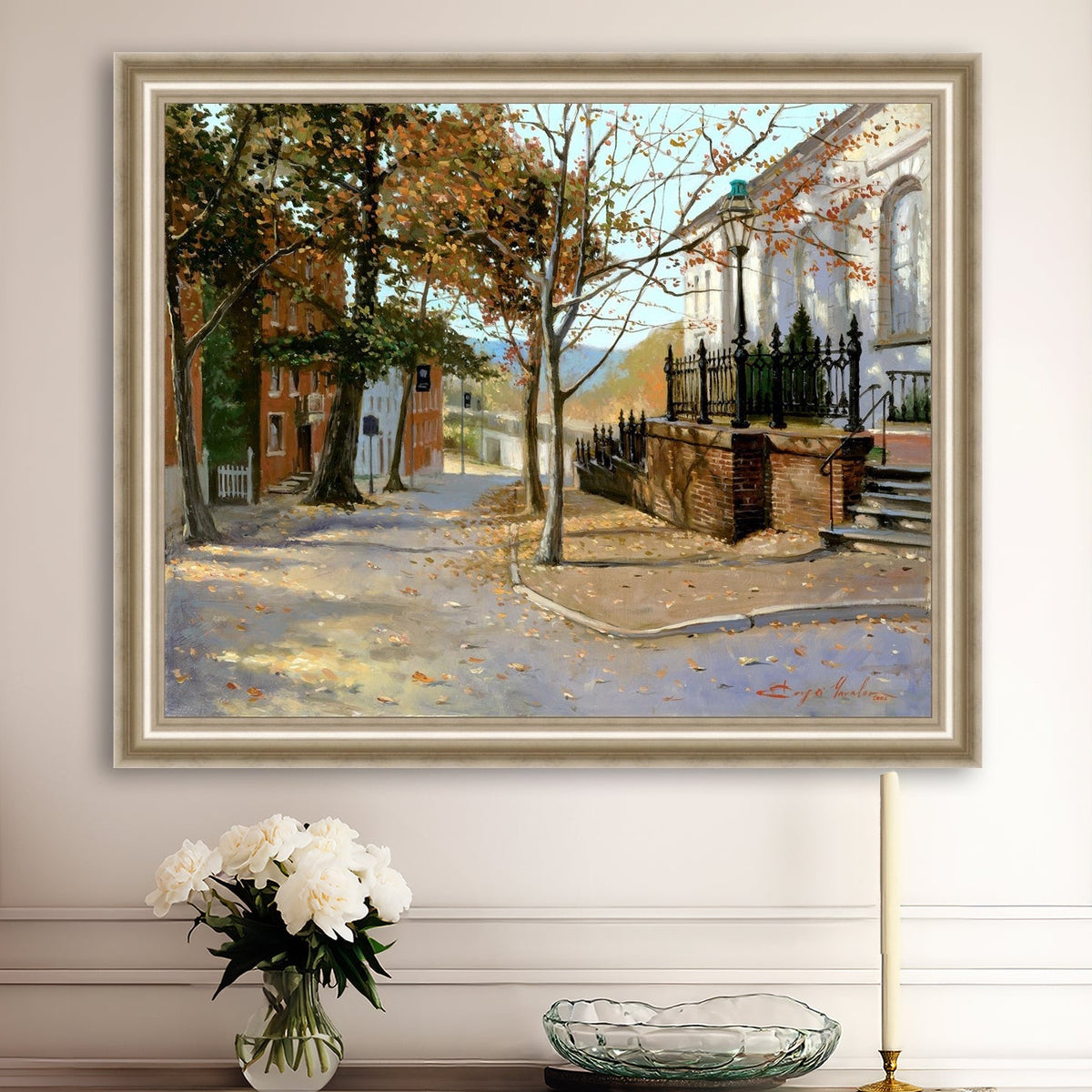 A canvas print featuring a vibrant street scene with trees and a building, titled 'Autumn Leaves on Church Street', Bethlehem 