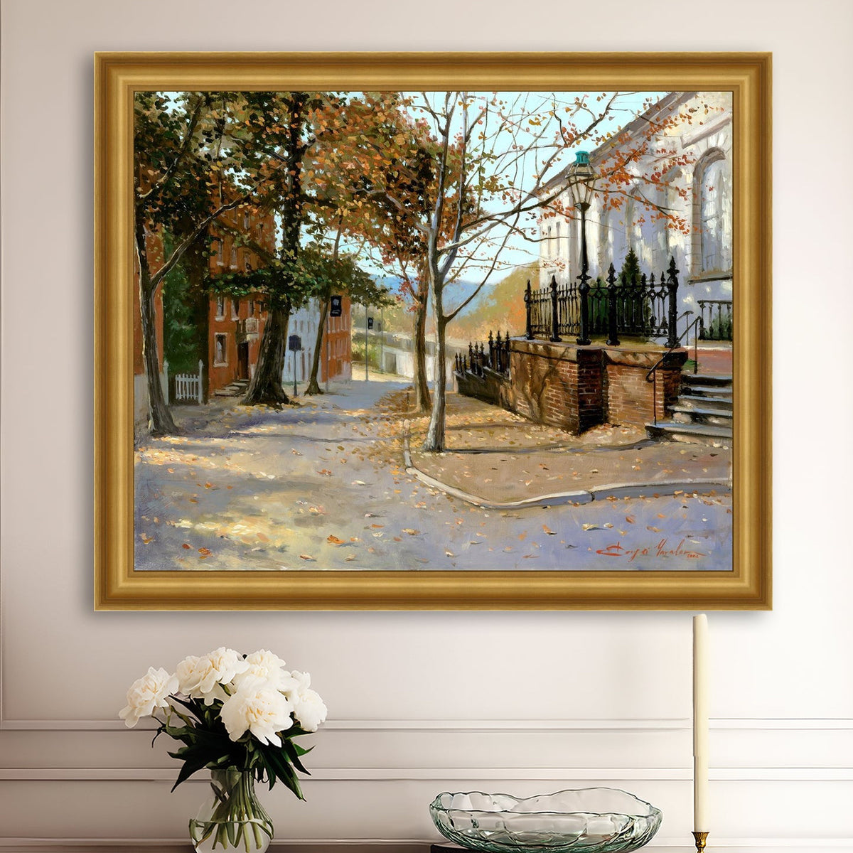 A canvas print featuring a vibrant street scene with trees and a building, titled 'Autumn Leaves on Church Street', Bethlehem 