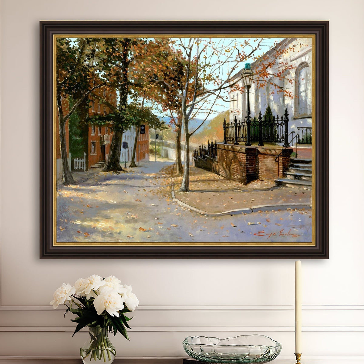A canvas print featuring a vibrant street scene with trees and a building, titled 'Autumn Leaves on Church Street', Bethlehem 