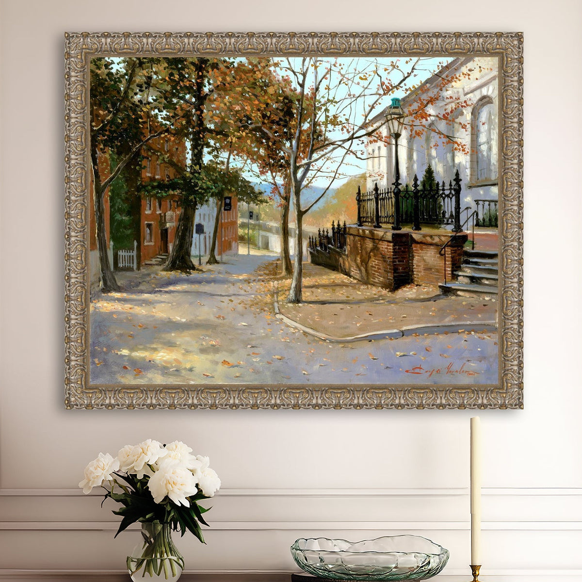 A canvas print featuring a vibrant street scene with trees and a building, titled 'Autumn Leaves on Church Street', Bethlehem 