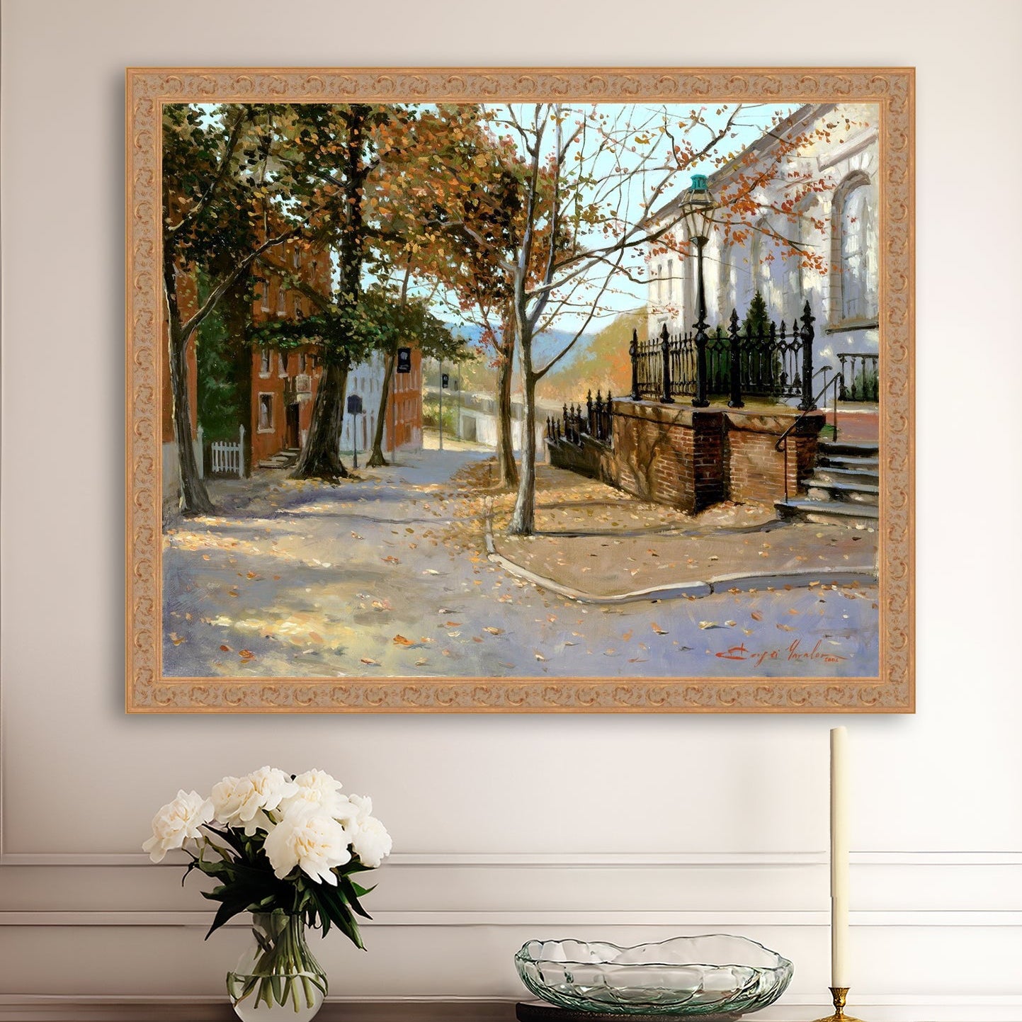 A canvas print featuring a vibrant street scene with trees and a building, titled 'Autumn Leaves on Church Street', Bethlehem 