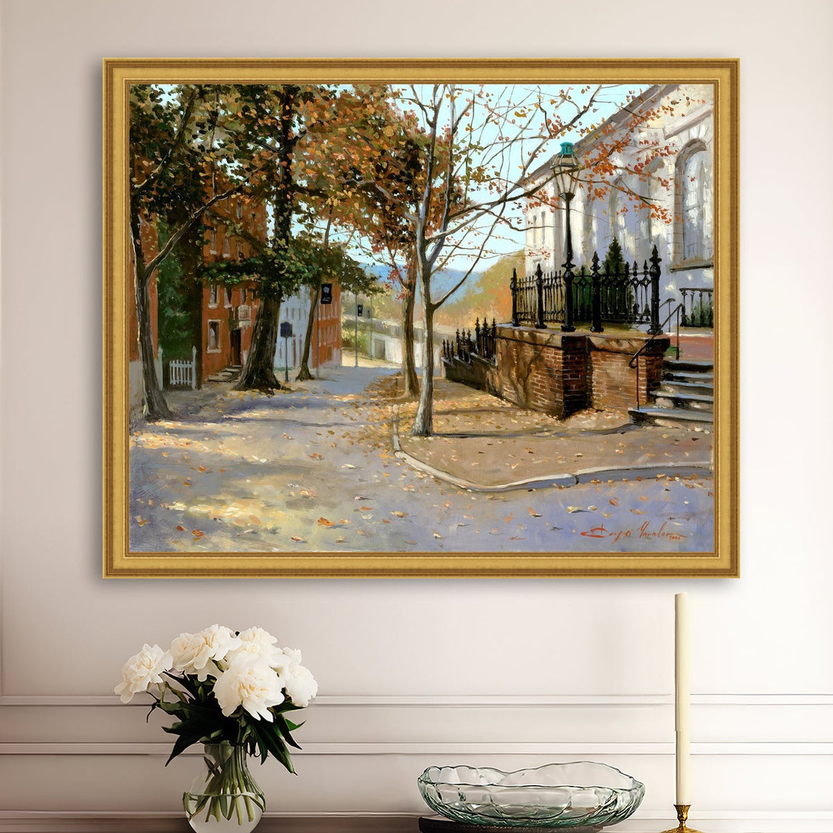 A canvas print featuring a vibrant street scene with trees and a building, titled 'Autumn Leaves on Church Street', Bethlehem 