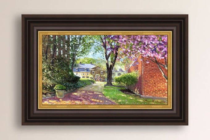 A canvas print depicting a vibrant spring scene with a pathway, trees in bloom, and a historic Moravian Chapel in the background.