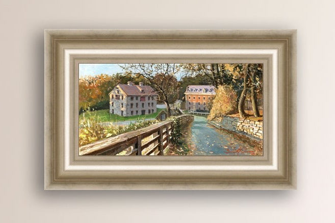 A canvas print depicting the Colonial Industrial Quarter in Bethlehem, PA, showing an artistic representation of an old industrial building complex with trees and a canal.