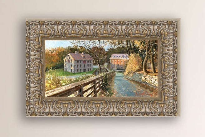A canvas print depicting the Colonial Industrial Quarter in Bethlehem, PA, showing an artistic representation of an old industrial building complex with trees and a canal.