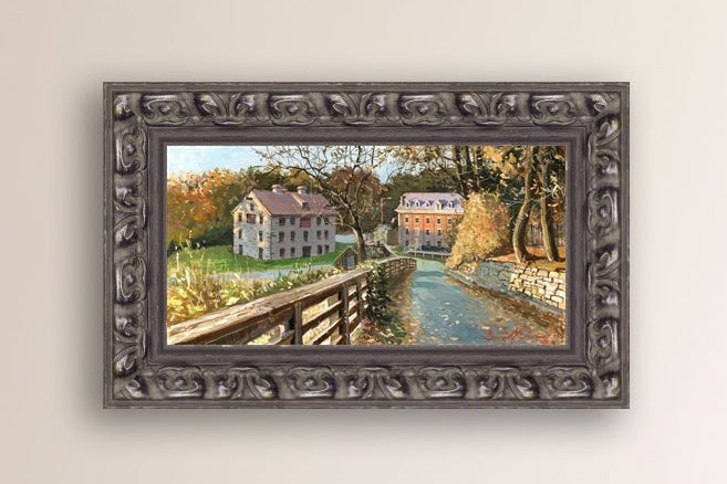 A canvas print depicting the Colonial Industrial Quarter in Bethlehem, PA, showing an artistic representation of an old industrial building complex with trees and a canal.