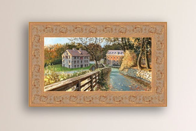 A canvas print depicting the Colonial Industrial Quarter in Bethlehem, PA, showing an artistic representation of an old industrial building complex with trees and a canal.