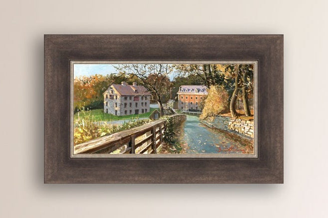 A canvas print depicting the Colonial Industrial Quarter in Bethlehem, PA, showing an artistic representation of an old industrial building complex with trees and a canal.