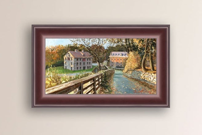 A canvas print depicting the Colonial Industrial Quarter in Bethlehem, PA, showing an artistic representation of an old industrial building complex with trees and a canal.