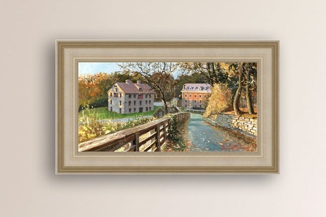 A canvas print depicting the Colonial Industrial Quarter in Bethlehem, PA, showing an artistic representation of an old industrial building complex with trees and a canal.