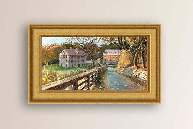 A canvas print depicting the Colonial Industrial Quarter in Bethlehem, PA, showing an artistic representation of an old industrial building complex with trees and a canal.