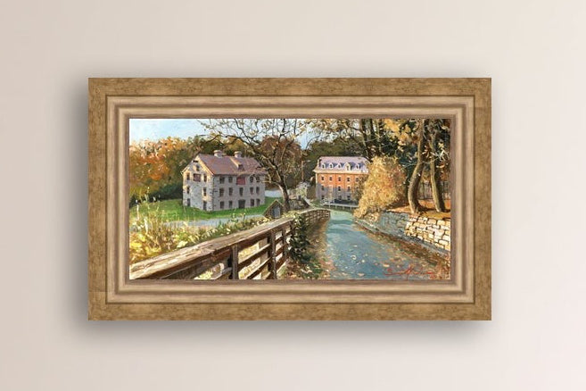 A canvas print depicting the Colonial Industrial Quarter in Bethlehem, PA, showing an artistic representation of an old industrial building complex with trees and a canal.