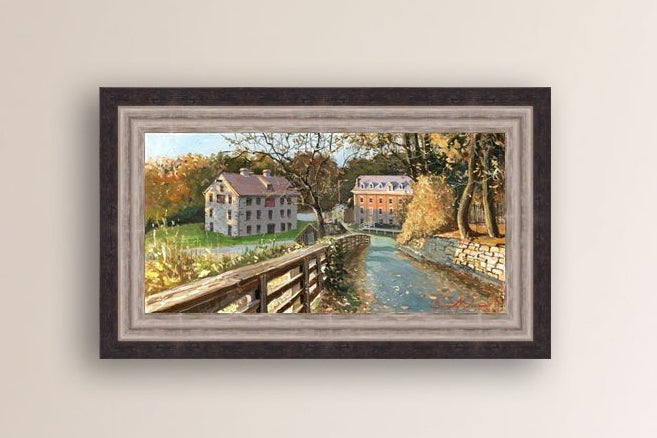 A canvas print depicting the Colonial Industrial Quarter in Bethlehem, PA, showing an artistic representation of an old industrial building complex with trees and a canal.