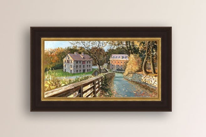 A canvas print depicting the Colonial Industrial Quarter in Bethlehem, PA, showing an artistic representation of an old industrial building complex with trees and a canal.