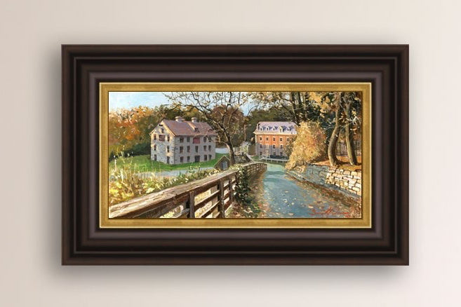 A canvas print depicting the Colonial Industrial Quarter in Bethlehem, PA, showing an artistic representation of an old industrial building complex with trees and a canal.