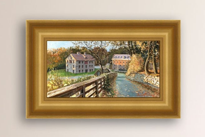 A canvas print depicting the Colonial Industrial Quarter in Bethlehem, PA, showing an artistic representation of an old industrial building complex with trees and a canal.