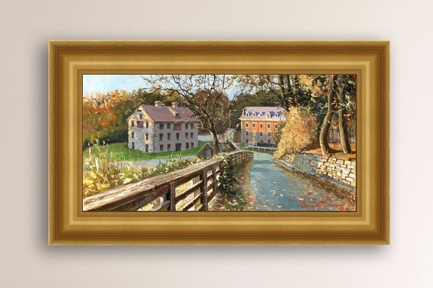 A canvas print depicting the Colonial Industrial Quarter in Bethlehem, PA, showing an artistic representation of an old industrial building complex with trees and a canal.