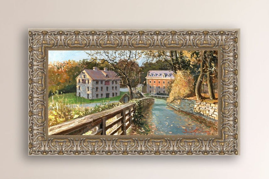 A canvas print depicting the Colonial Industrial Quarter in Bethlehem, PA, showing an artistic representation of an old industrial building complex with trees and a canal.