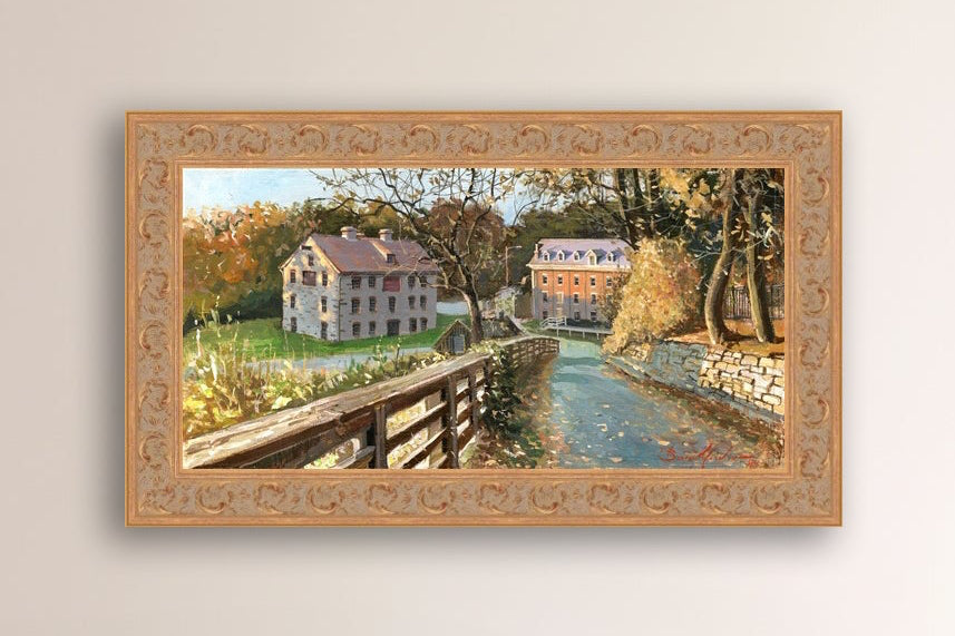 A canvas print depicting the Colonial Industrial Quarter in Bethlehem, PA, showing an artistic representation of an old industrial building complex with trees and a canal.