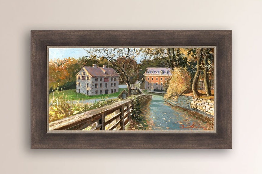 A canvas print depicting the Colonial Industrial Quarter in Bethlehem, PA, showing an artistic representation of an old industrial building complex with trees and a canal.