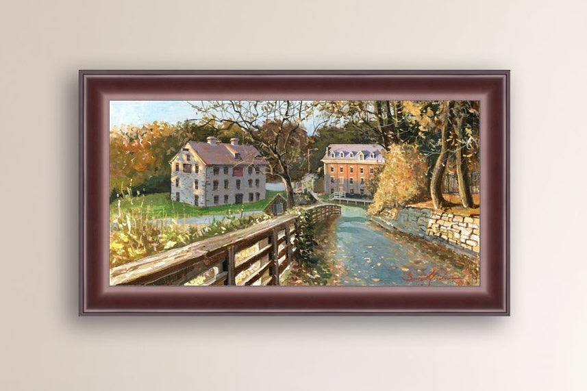 A canvas print depicting the Colonial Industrial Quarter in Bethlehem, PA, showing an artistic representation of an old industrial building complex with trees and a canal.