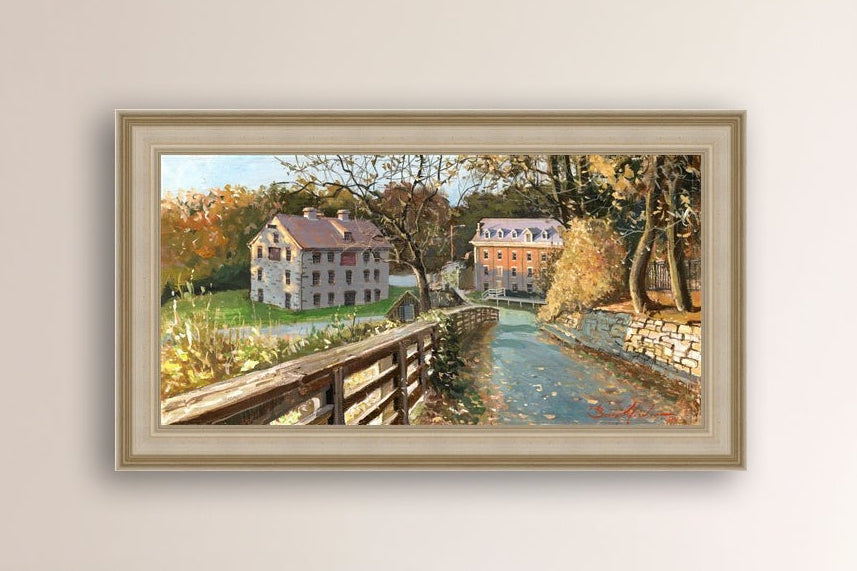 A canvas print depicting the Colonial Industrial Quarter in Bethlehem, PA, showing an artistic representation of an old industrial building complex with trees and a canal.