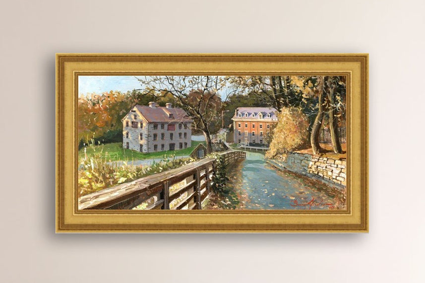 A canvas print depicting the Colonial Industrial Quarter in Bethlehem, PA, showing an artistic representation of an old industrial building complex with trees and a canal.
