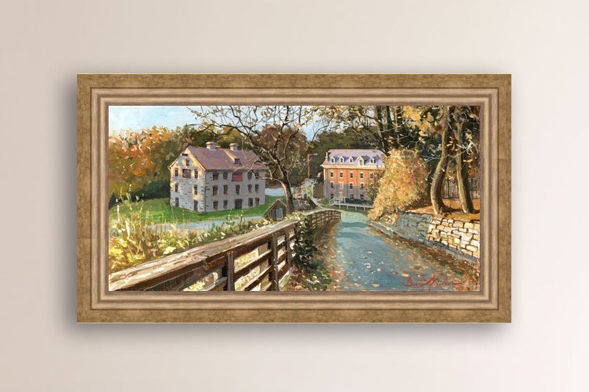 A canvas print depicting the Colonial Industrial Quarter in Bethlehem, PA, showing an artistic representation of an old industrial building complex with trees and a canal.