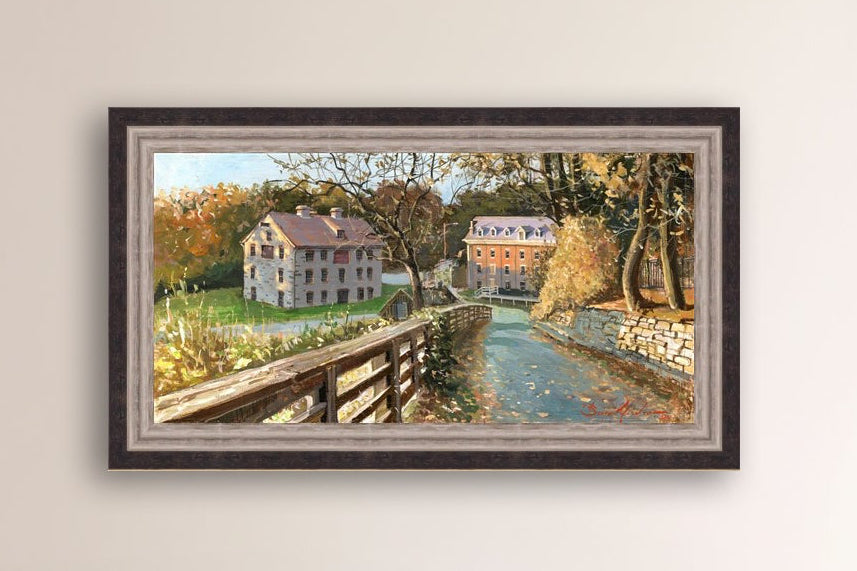 A canvas print depicting the Colonial Industrial Quarter in Bethlehem, PA, showing an artistic representation of an old industrial building complex with trees and a canal.