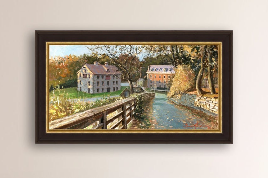 A canvas print depicting the Colonial Industrial Quarter in Bethlehem, PA, showing an artistic representation of an old industrial building complex with trees and a canal.