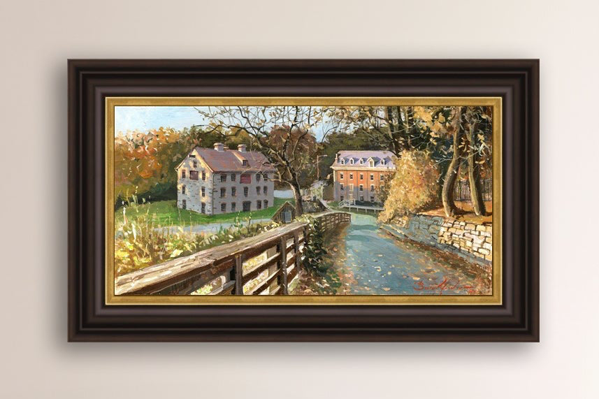 A canvas print depicting the Colonial Industrial Quarter in Bethlehem, PA, showing an artistic representation of an old industrial building complex with trees and a canal.