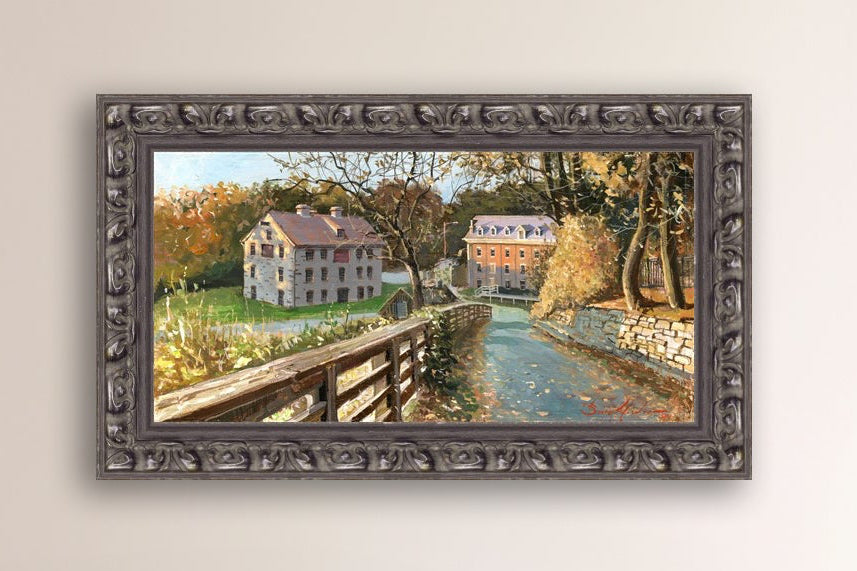 A canvas print depicting the Colonial Industrial Quarter in Bethlehem, PA, showing an artistic representation of an old industrial building complex with trees and a canal.