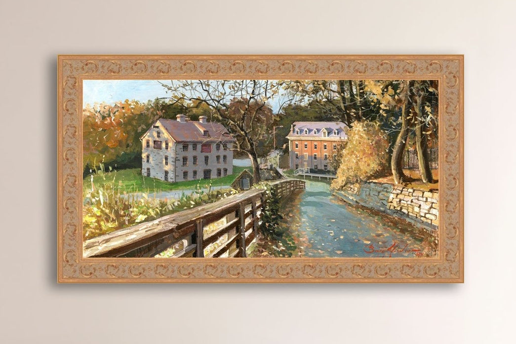 A canvas print depicting the Colonial Industrial Quarter in Bethlehem, PA, showing an artistic representation of an old industrial building complex with trees and a canal.