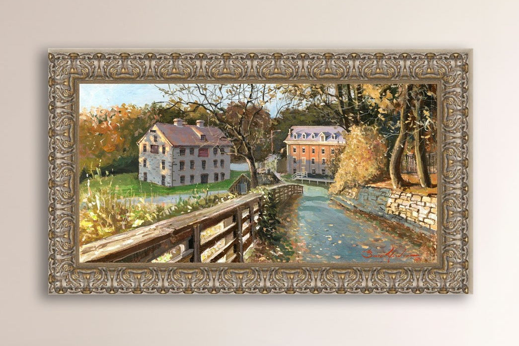 A canvas print depicting the Colonial Industrial Quarter in Bethlehem, PA, showing an artistic representation of an old industrial building complex with trees and a canal.