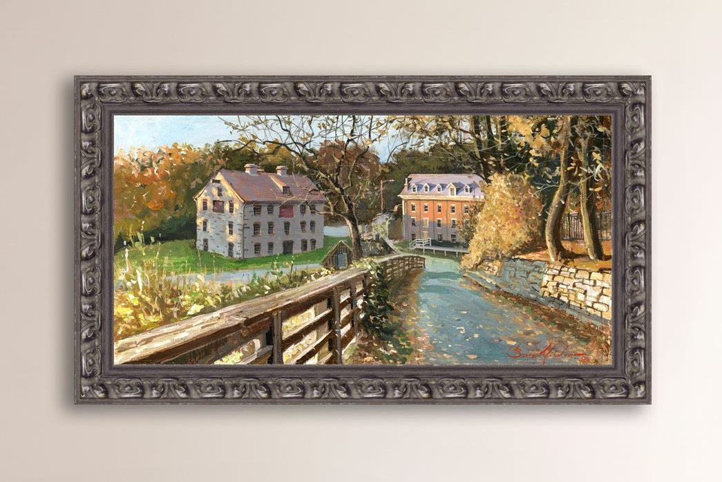 A canvas print depicting the Colonial Industrial Quarter in Bethlehem, PA, showing an artistic representation of an old industrial building complex with trees and a canal.