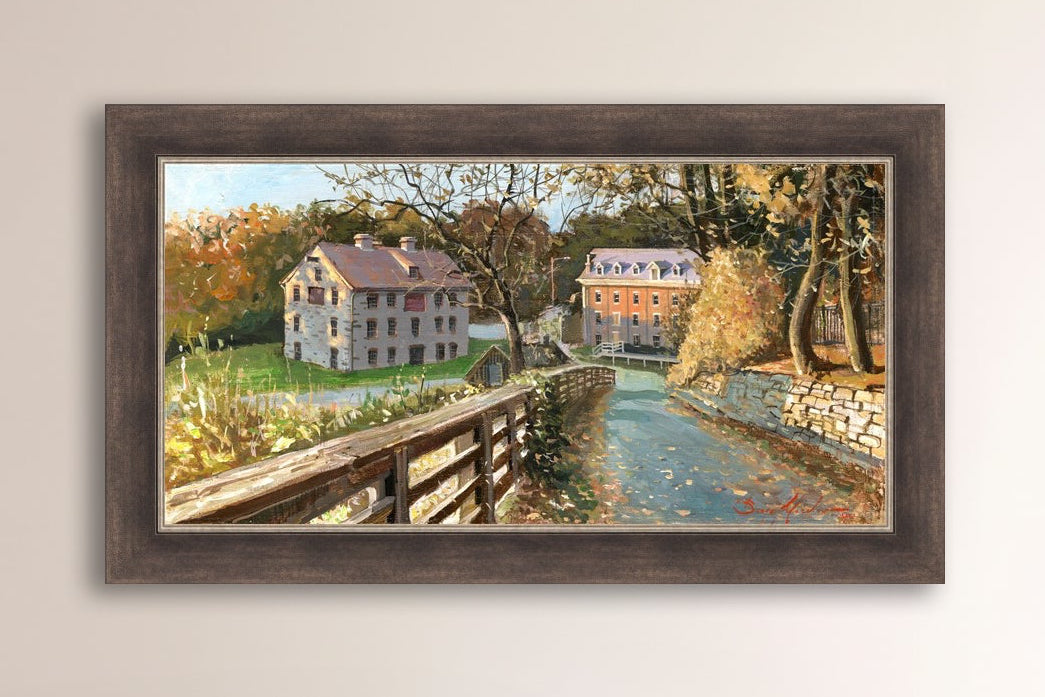 A canvas print depicting the Colonial Industrial Quarter in Bethlehem, PA, showing an artistic representation of an old industrial building complex with trees and a canal.