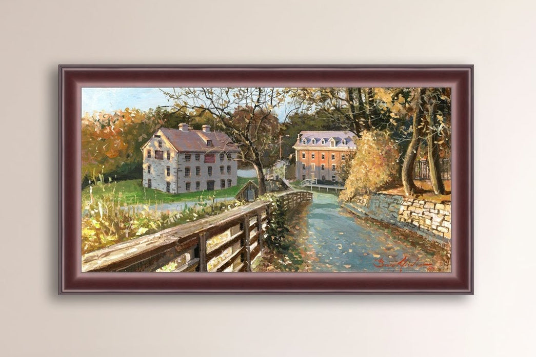 A canvas print depicting the Colonial Industrial Quarter in Bethlehem, PA, showing an artistic representation of an old industrial building complex with trees and a canal.