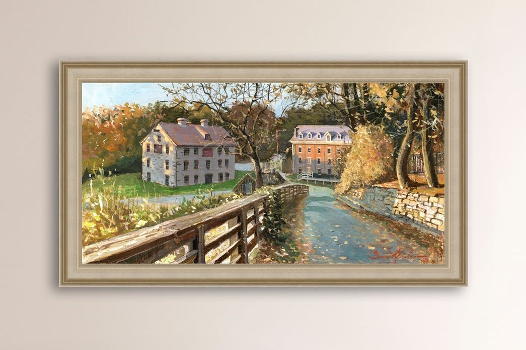 A canvas print depicting the Colonial Industrial Quarter in Bethlehem, PA, showing an artistic representation of an old industrial building complex with trees and a canal.