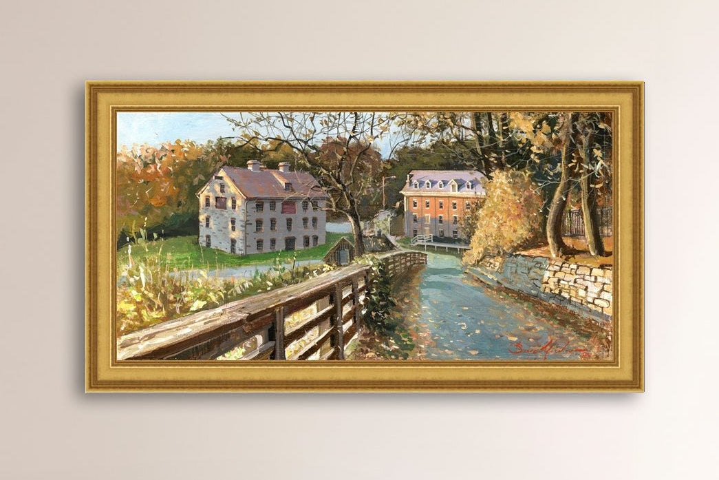 A canvas print depicting the Colonial Industrial Quarter in Bethlehem, PA, showing an artistic representation of an old industrial building complex with trees and a canal.